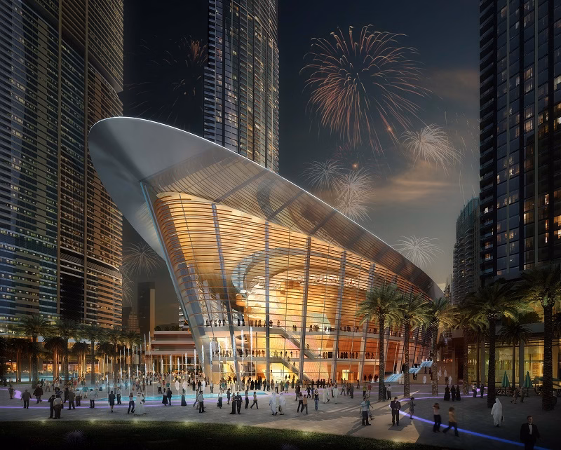 The Dubai Opera House dhow-shaped roof.