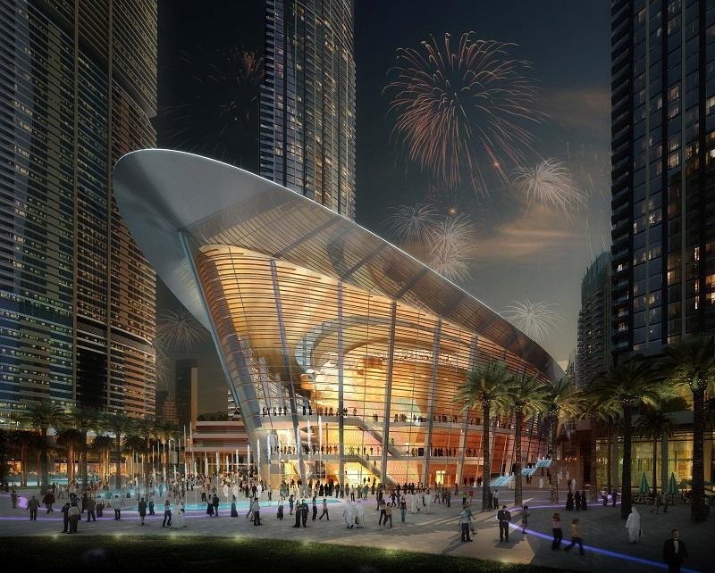 The Dubai Opera House dhow-shaped roof.