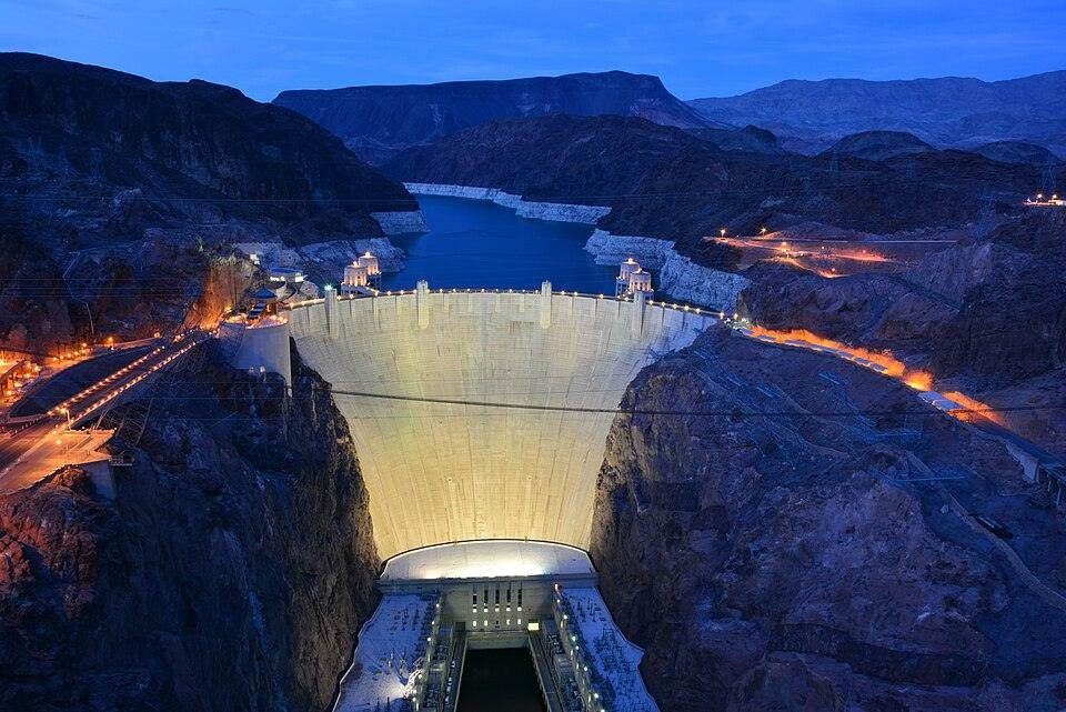 Hoover Dam aerial view at night. 