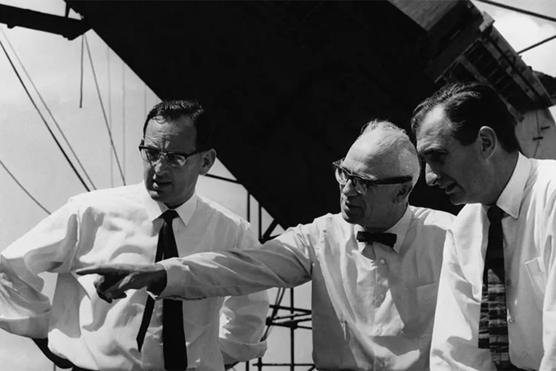 From left: Michael Lewis, Sir Ove Arup and Jack Zunz on site in 1966 © Max Dupain