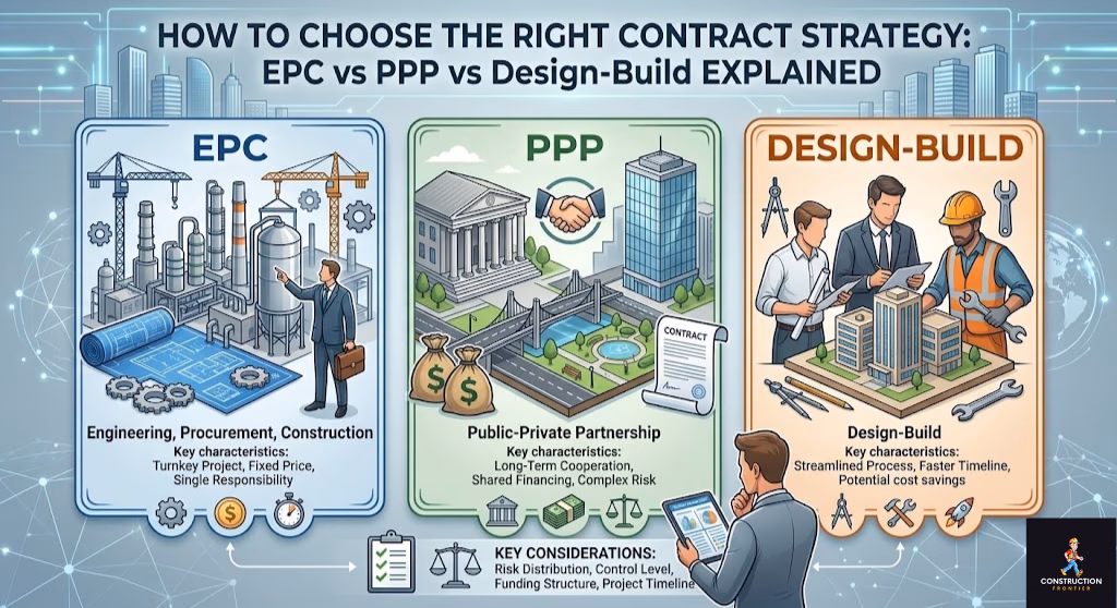 create a featured article image depiciting How to Choose the Right Contract Strategy EPC vs PPP vs Design-Build Explained