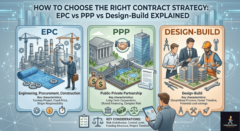 create a featured article image depiciting How to Choose the Right Contract Strategy EPC vs PPP vs Design-Build Explained
