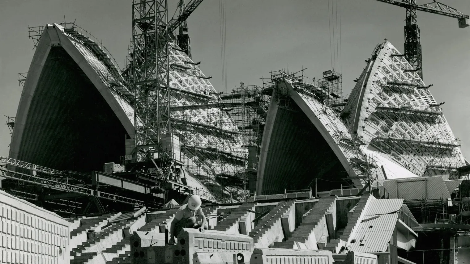 The Sydney Opera House precast concrete roof structure under construction.