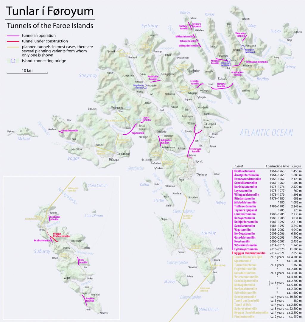 The Faroe Islands tunnels map.