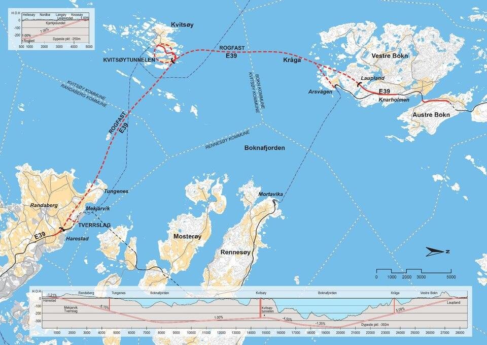 Rogfast Tunnel map; the centrepiece of Norway's E39 coastal highway programme. 