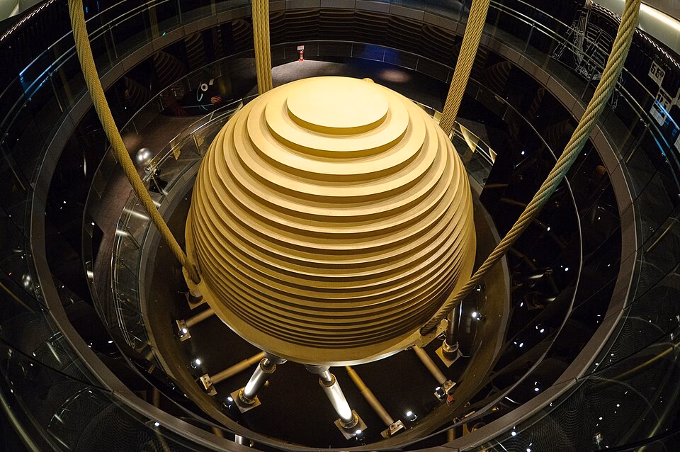 Taipei 101's 660-tonne mass damper suspended by heavy steel cables between the 87th and 92nd floors