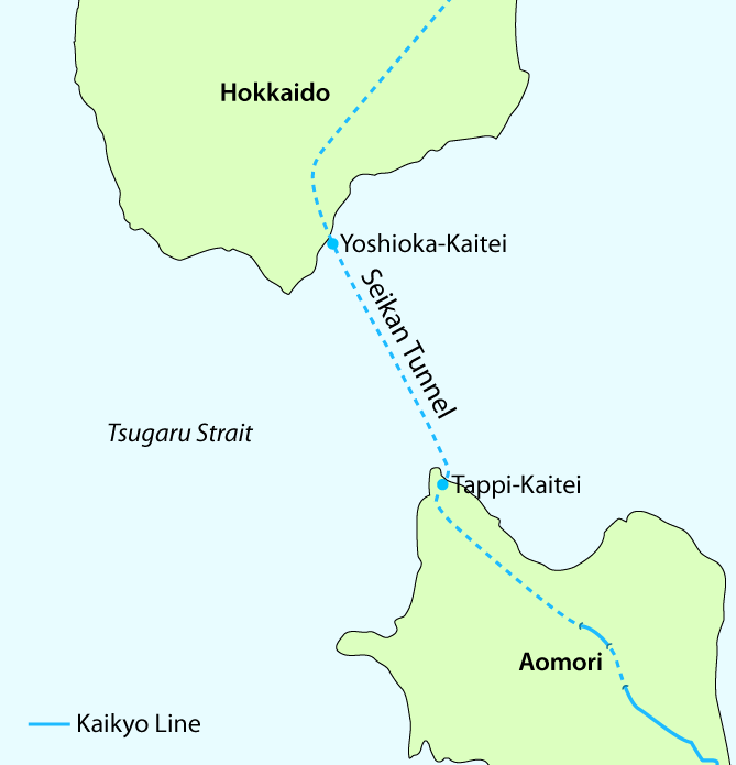 Seikan Tunnel in the Tsugaru Strait with Kaikyo Line and stations map.