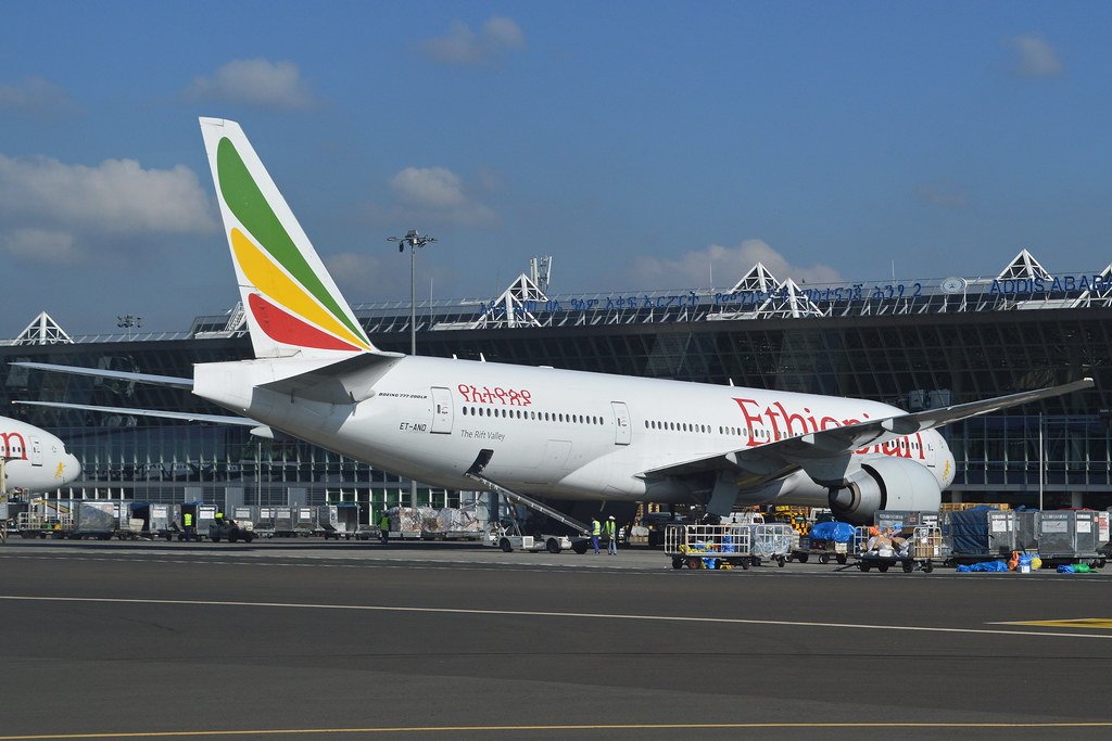 Ethiopian Airlines Boeing 777-260LR parked at Bole International Airport. 